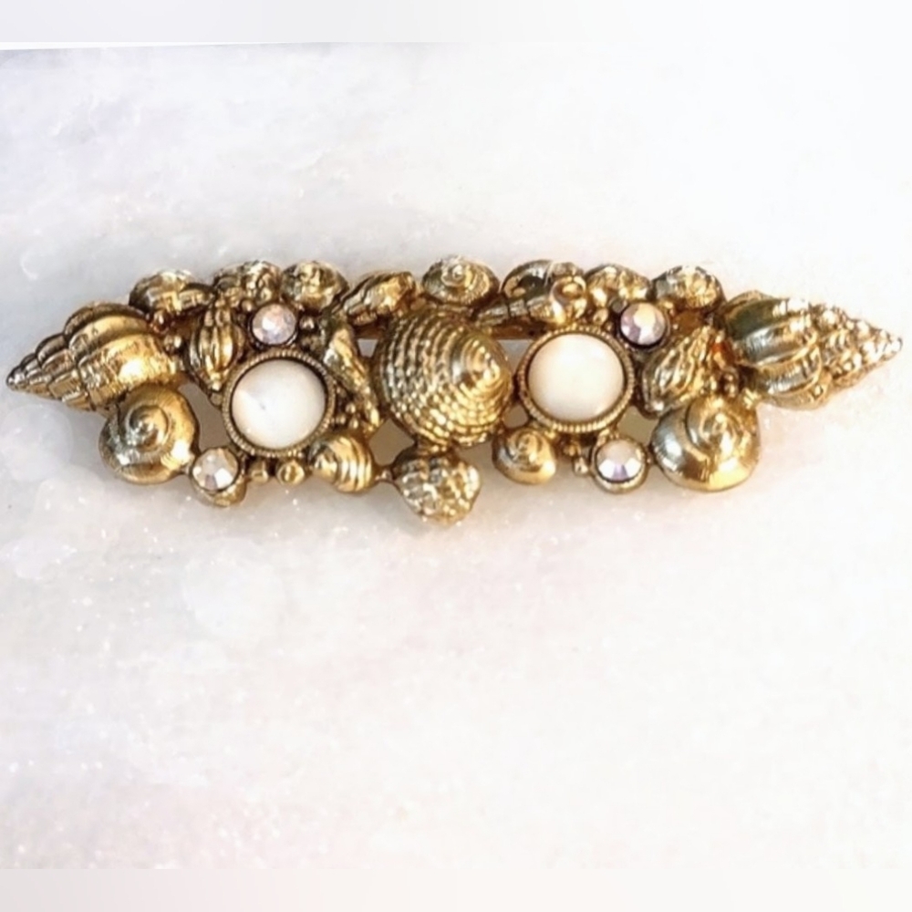 1928 Goldtone Bar Pin Seashells w/ Mother-of-Pearl